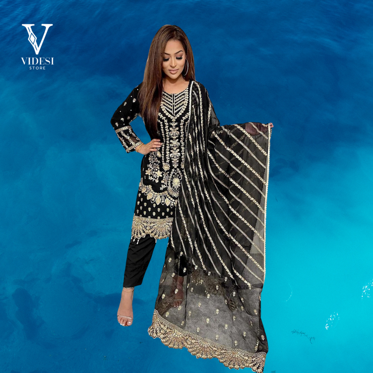 Esther Velour Viscose Velvet Heavy Embroidered Top and Bottom with Lace Bordered Dupatta