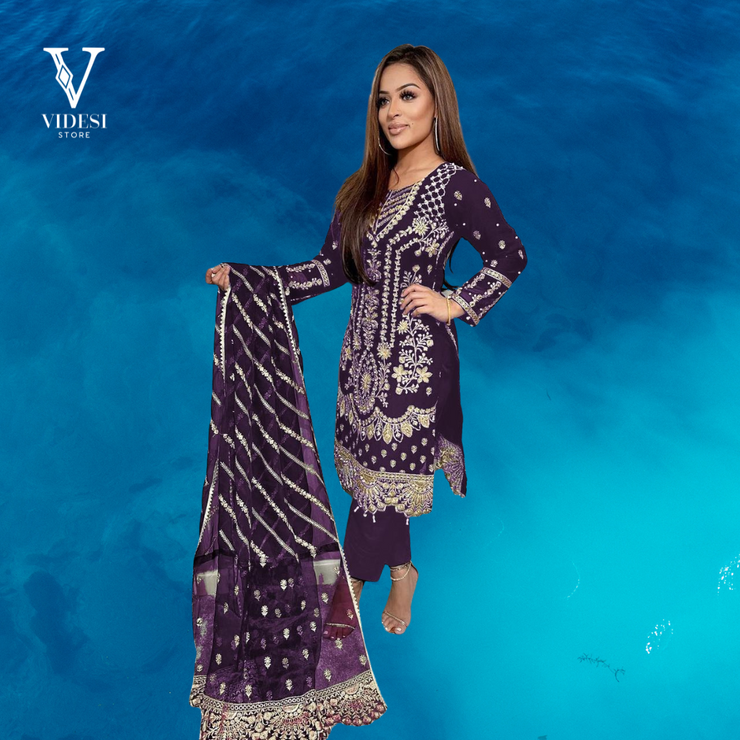 Esther Velour Viscose Velvet Heavy Embroidered Top and Bottom with Lace Bordered Dupatta