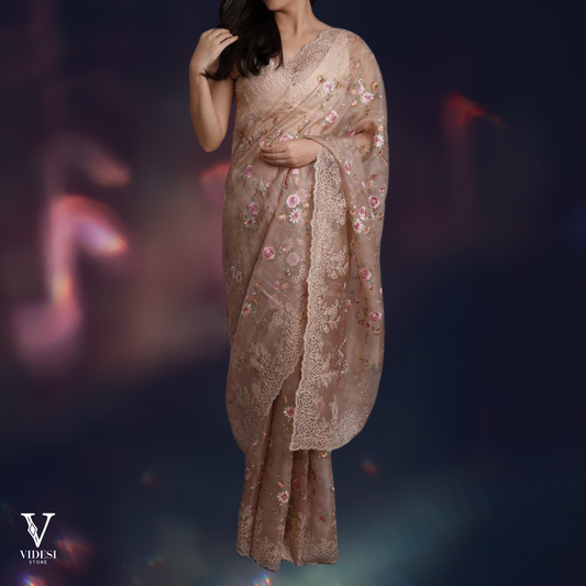 Eva Vintage Embroidered Pure Organza Saree With Contrast Silk Blouse