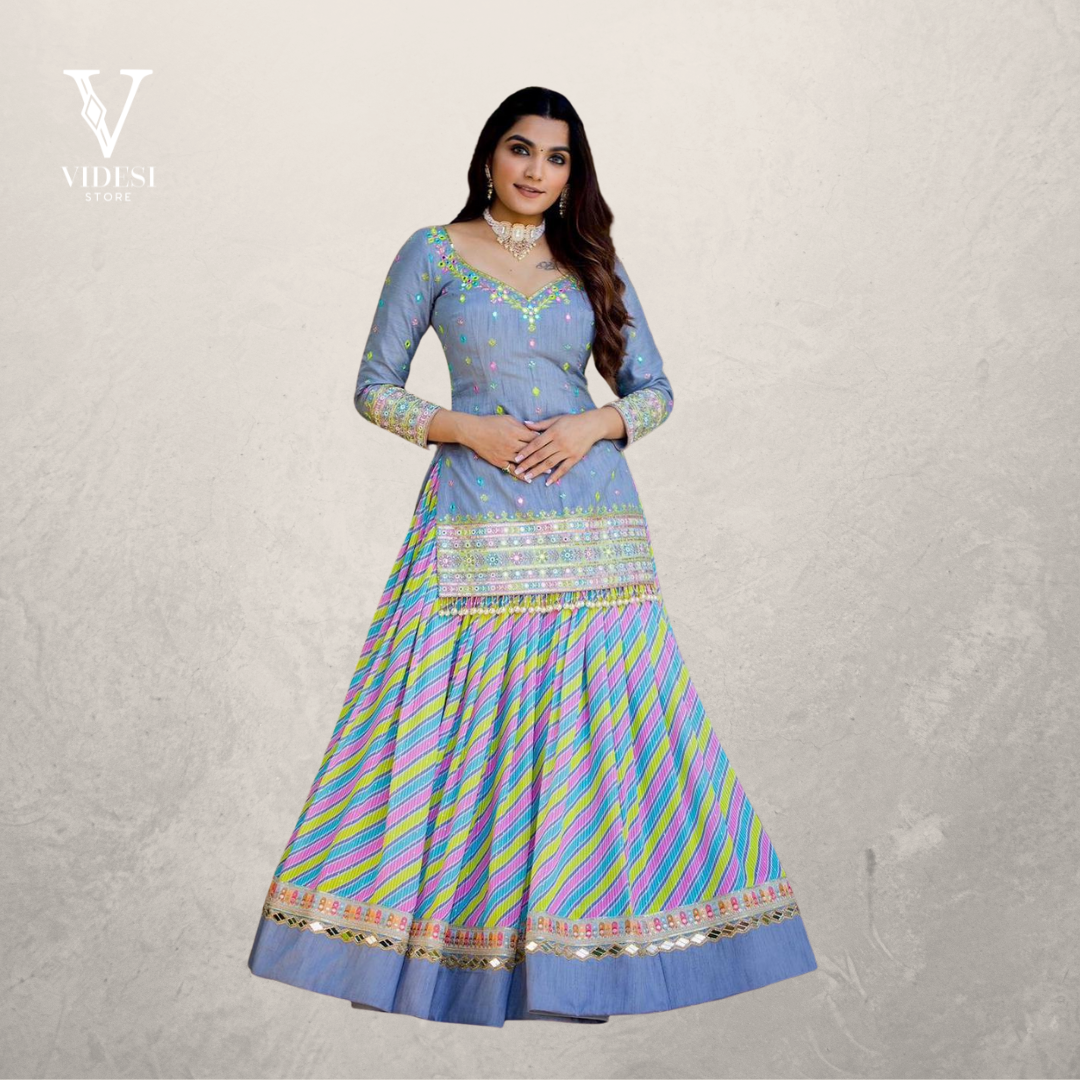 Freya Sleek Blue Heavy Mono Silk Digital Printed Faux Georgette Lehenga