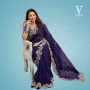 Genesis Stylish Blue Velvet Embroidered Cording Sequined Saree