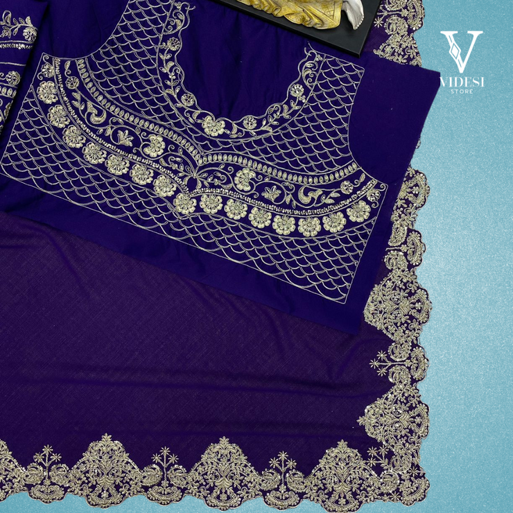 Genesis Stylish Blue Velvet Embroidered Cording Sequined Saree