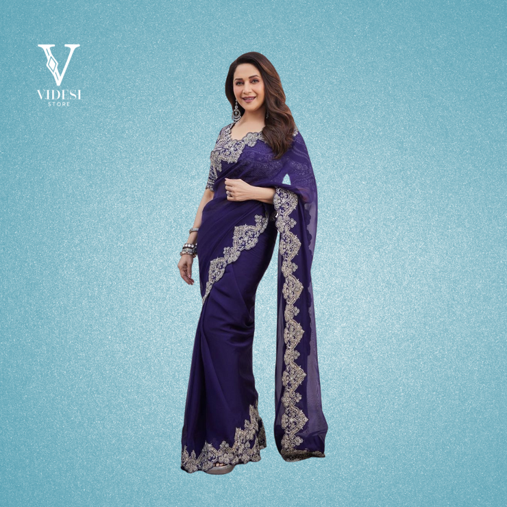 Genesis Stylish Blue Velvet Embroidered Cording Sequined Saree