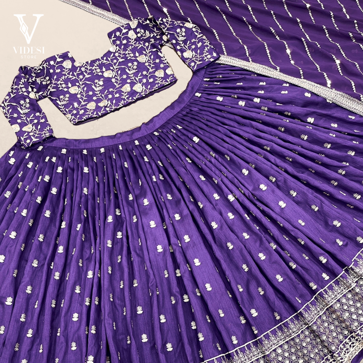 Gianna Plush Purple Heavy Embroidered Mono Silk with Sequined Lace Border Work Dupatta Lehenga