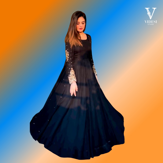 Gracia Classic Black Faux Georgette With Riveted Moti Work Gown