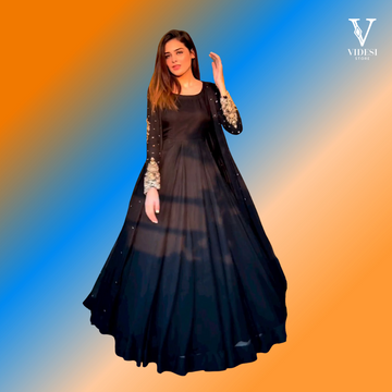 Gracia Classic Black Faux Georgette With Riveted Moti Work Gown