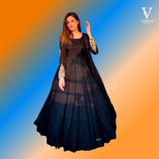 Gracia Classic Black Full Sleeve Faux Georgette with Riveted Moti Work Gown