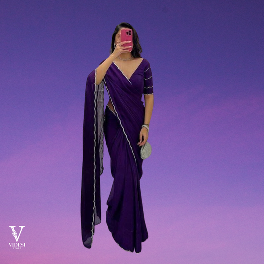 Harper Vivid Purple Crepe Silk With Silver Border Saree