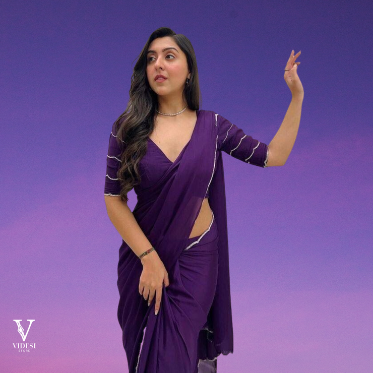 Harper Vivid Pure Purple Crepe Silk with Handwork Silver Border Saree
