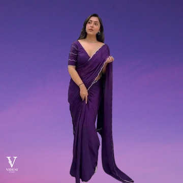 Harper Vivid Purple Crepe Silk With Silver Border Saree