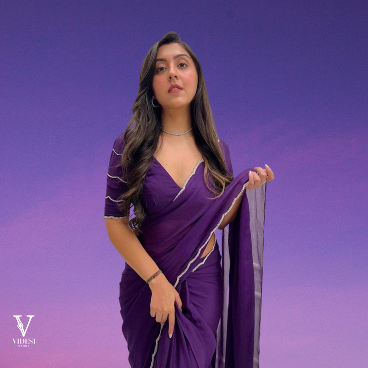 Harper Vivid Pure Purple Crepe Silk with Handwork Silver Border Saree