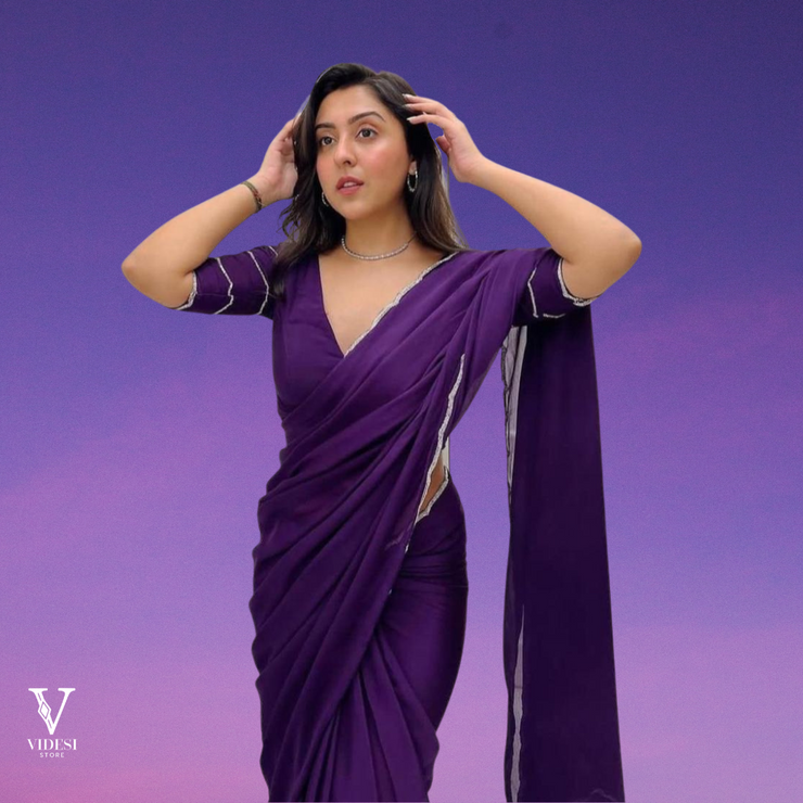 Harper Vivid Pure Purple Crepe Silk with Handwork Silver Border Saree