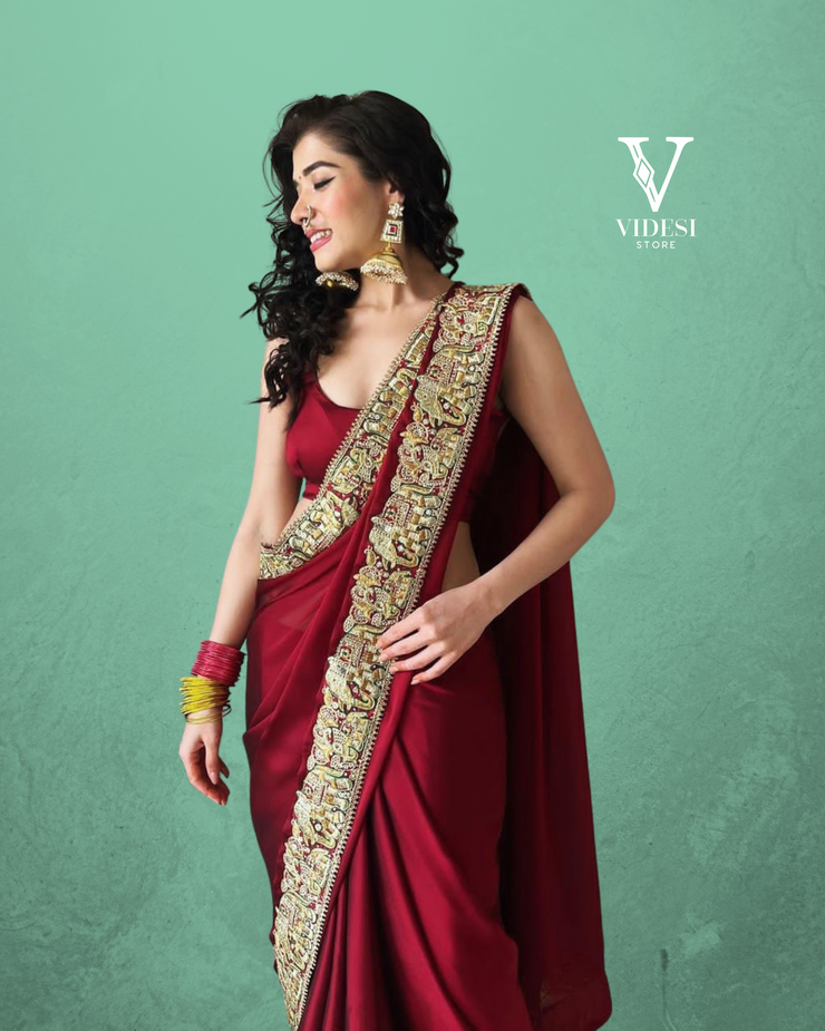 Imara Lavish Red Premium Japan Satin Silk Fabric Sequined Saree