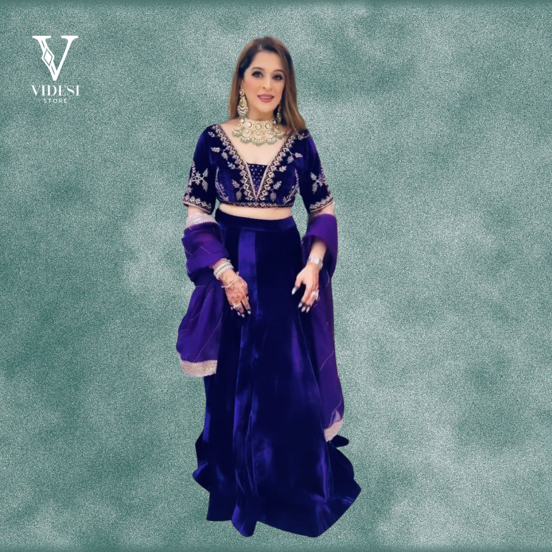 Ira Velour Purple Heavy Viscose Velvet Embroidered Sequined Lehenga