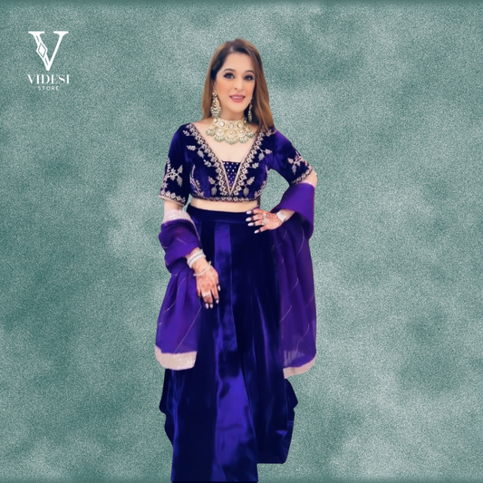 Ira Velour Purple Heavy Viscose Velvet Embroidered Sequined Lehenga