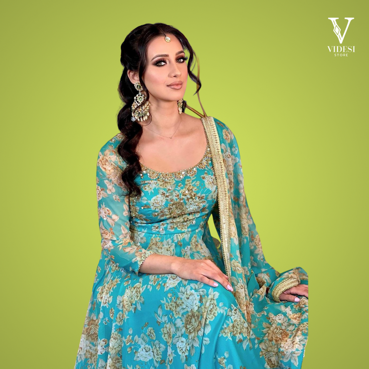 Iris Sky Blue Printed Faux Georgette Embroidered Gown with Dupatta