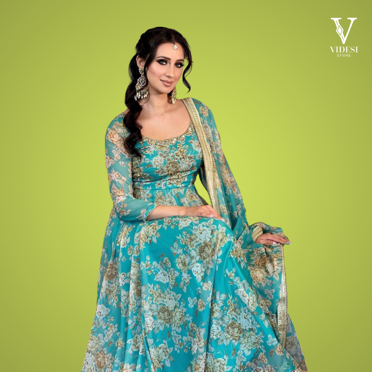 Iris Sky Blue Printed Faux Georgette Embroidered Gown with Dupatta