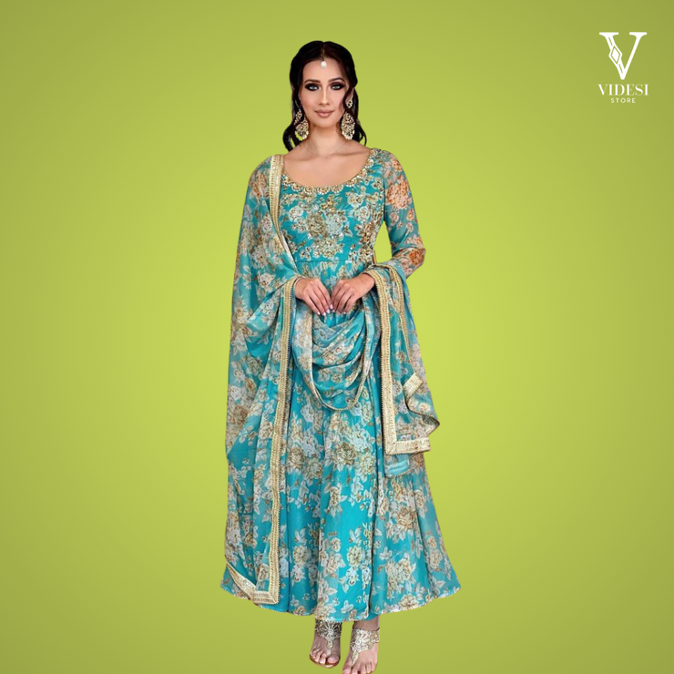 Iris Sky Blue Printed Faux Georgette Embroidered Gown with Dupatta