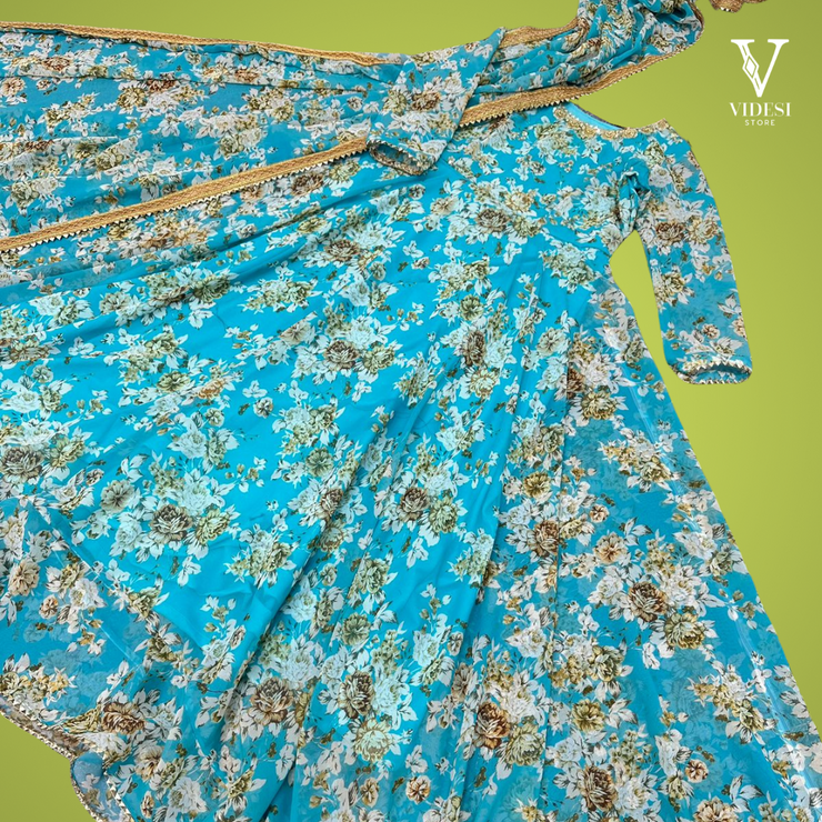 Iris Sky Blue Printed Faux Georgette Embroidered Gown with Dupatta