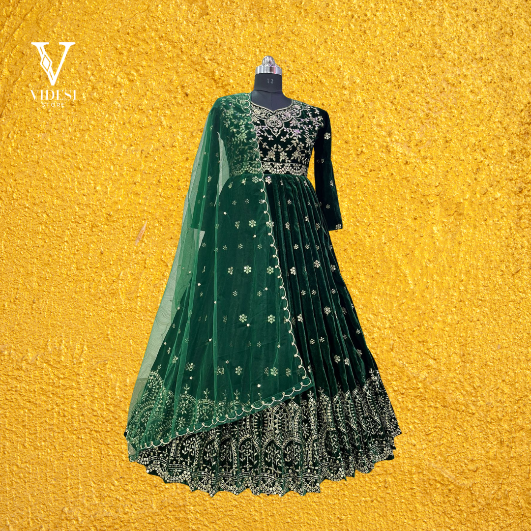 Isabella Embroidered Sequined Faux Georgette Gown With Butterfly Net Dupatta