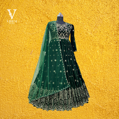 Isabella Fancy Green Embroidered Sequined Faux Georgette with Butterfly Net Dupatta Gown