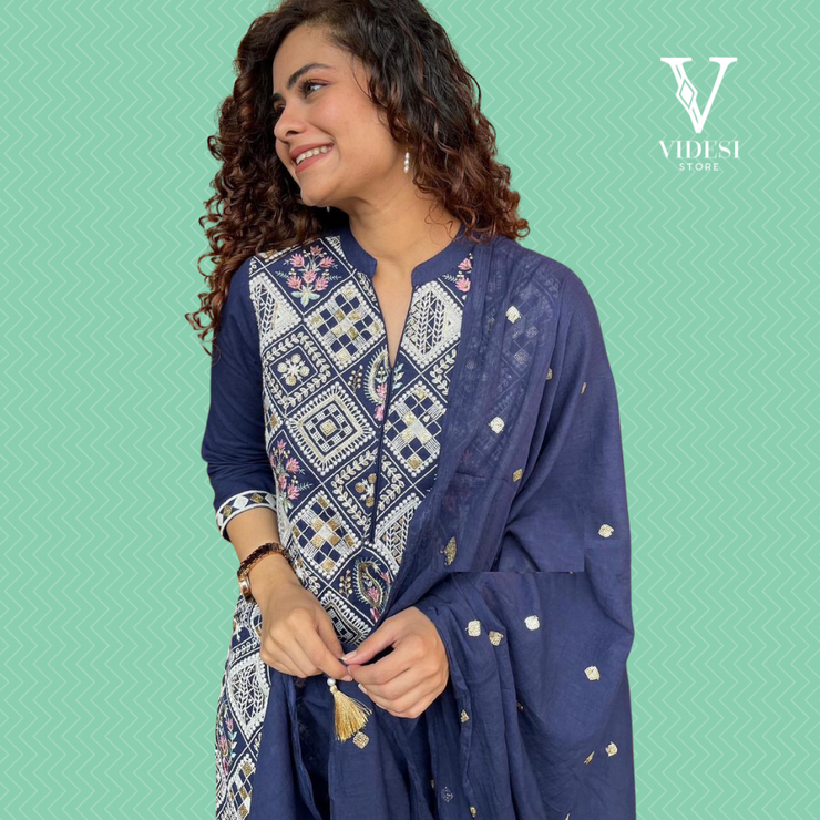 Ishani Modish Blue Embroidered Magic Cotton Lace Border Suit