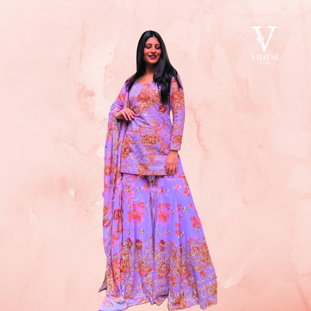 Isla Stylish Violet Digital Printed Faux Georgette Embroidered Suit