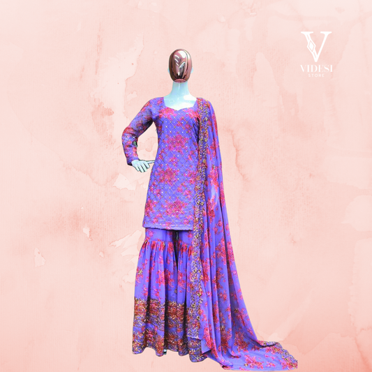 Isla Stylish Violet Digital Printed Faux Georgette Embroidered Suit