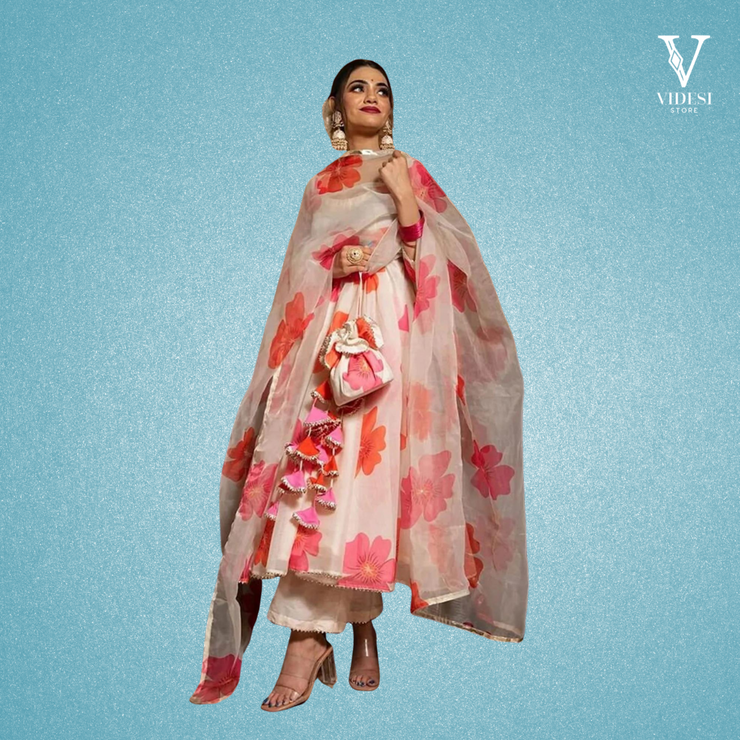 Ivanna Floral Printed Heavy Chanderi Top and Bottom with Organza Dupatta