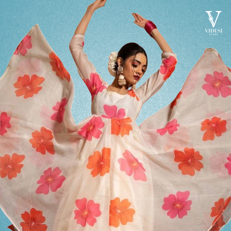 Ivanna Floral Printed Heavy Chanderi Top and Bottom with Organza Dupatta