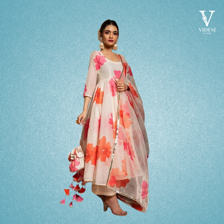 Ivanna Floral Printed Heavy Chanderi Top and Bottom with Organza Dupatta