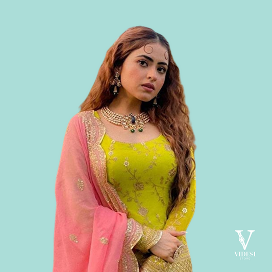 Ivy Vibrant Green Embroidered Sequined Faux Georgette Suit