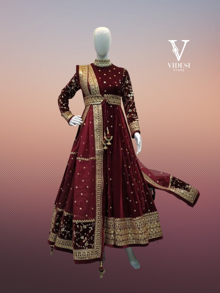 Jhansi Dramatic Red Velvet with Inner Soft Net Dupatta Gown