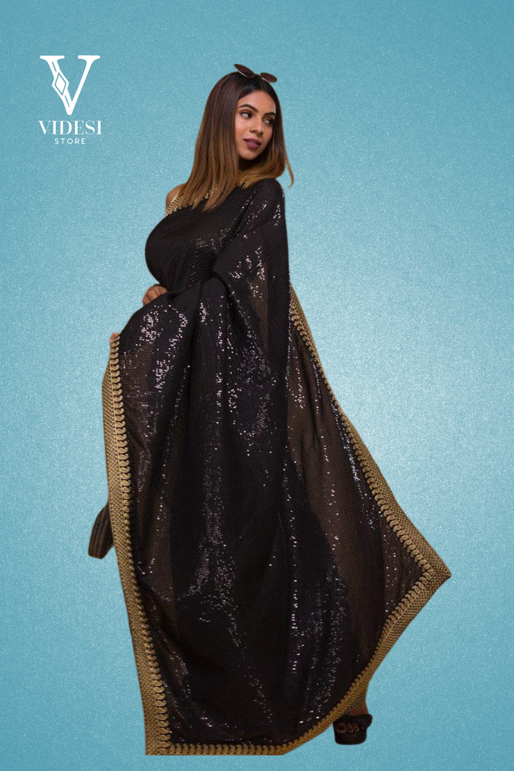 Kativa Classic Black Sequined Embroidered Lace Border Saree