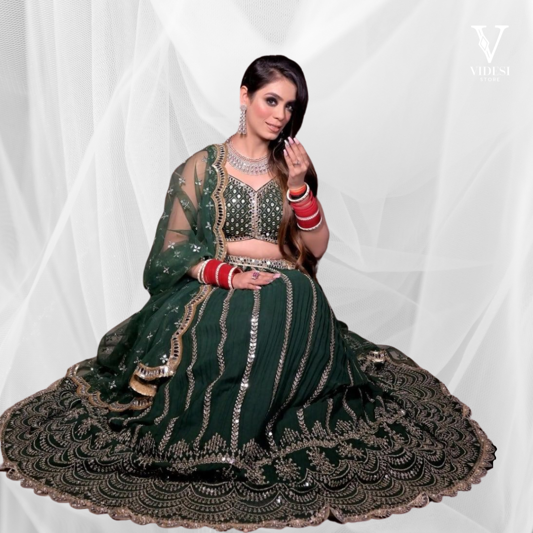 Liliana Emerald Green Embroidered Faux Georgette Lehenga With Soft Net Dupatta