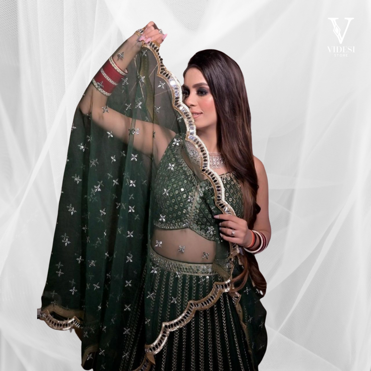 Liliana Emerald Green Embroidered Faux Georgette Lehenga with Soft Net Dupatta