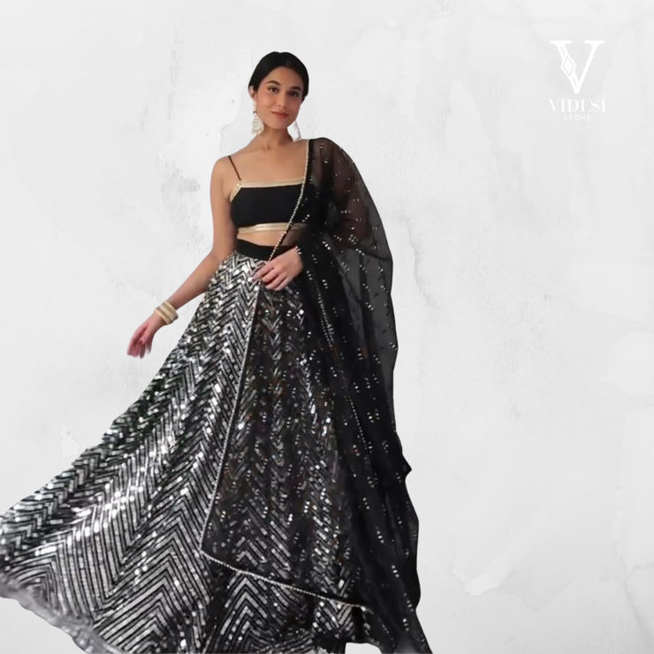 Lily Classic Black Faux Georgette Embroidered Sequined Lehenga