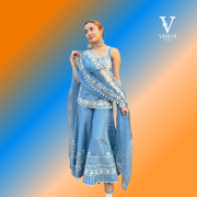 Lucia Soft Blue Japan Satin Silk Top and Palazzo with Organza Silk Dupatta