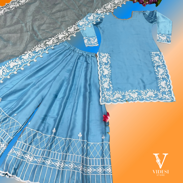 Lucia Soft Blue Japan Satin Silk Top and Palazzo with Organza Silk Dupatta