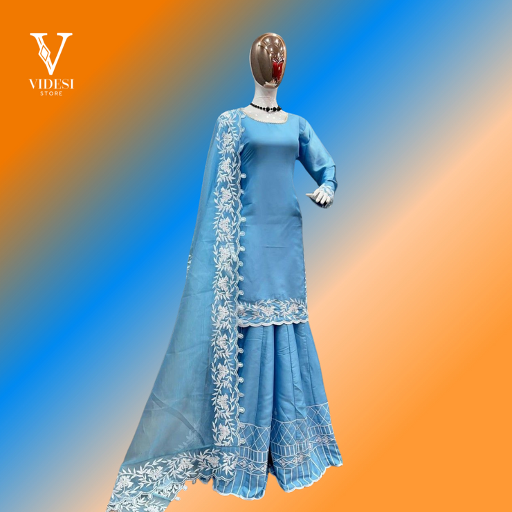 Lucia Soft Blue Japan Satin Silk Top and Palazzo with Organza Silk Dupatta