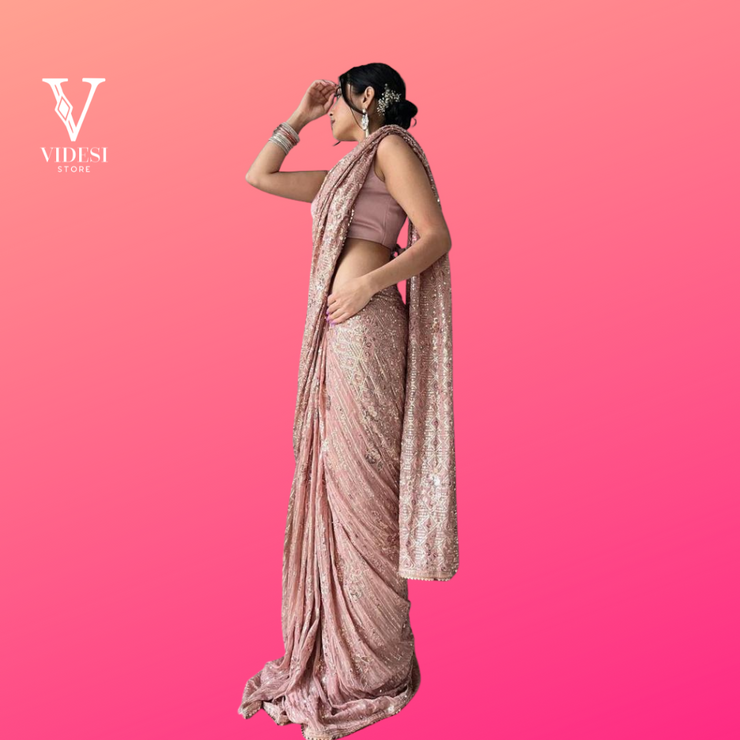 Nisha Flush Pink Double Sequined Faux Georgette Embroidered Lace Saree