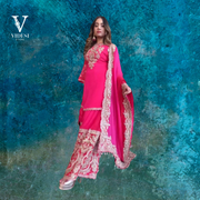 Nova Blooming Pink Embroidered Faux Georgette Top with Dupatta and Palazzo