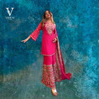 Nova Blooming Pink Embroidered Faux Georgette Top with Dupatta and Palazzo