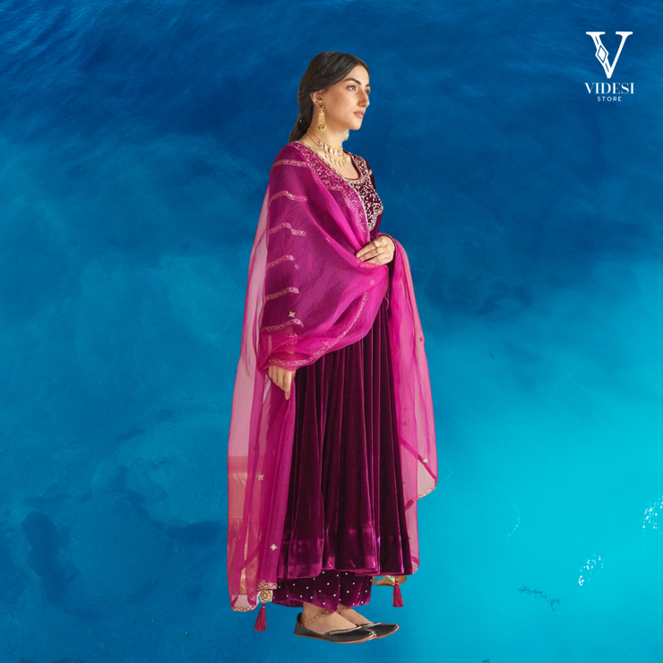 Nyla Modern Purple Kameez Velvet Embroidered Sequined Suit with Net Dupatta