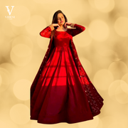 Paloma Bright Red Full Sleeve Faux Georgette Heavy Embroidered Gown