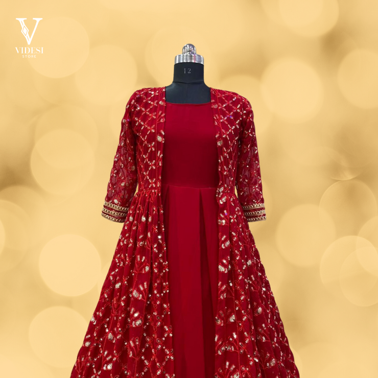 Paloma Bright Red Full Sleeve Faux Georgette Heavy Embroidered Gown