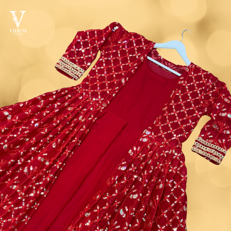 Paloma Bright Red Full Sleeve Faux Georgette Heavy Embroidered Gown