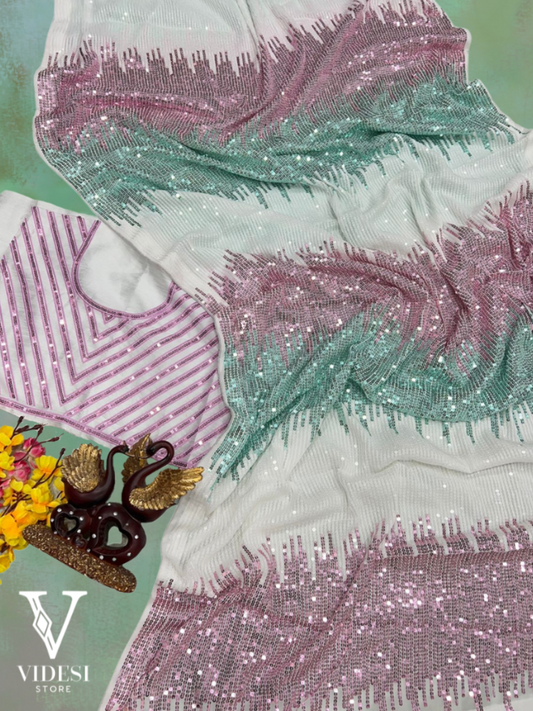 Rabiya Multicolored Satin Banglori Silk Handcrafted Sequined Saree