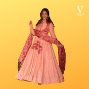 Raya Blushing Peach Embroidered Chinon Silk Gown with Dupatta