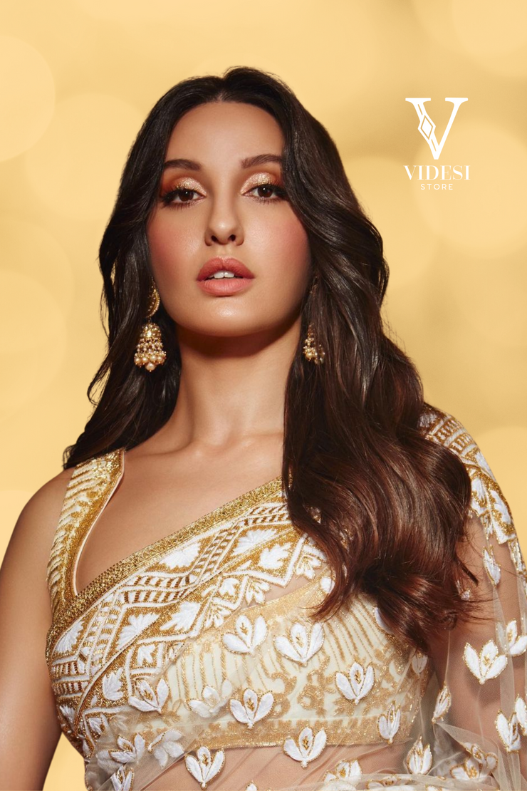Nora Deluxe Beige with Gold Chain Stitched Soft Net Sequins Work Saree